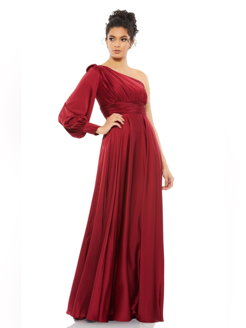 leena Mac Duggal One Shoulder Bishop Sleeve Flowy Gown Sz 4 67866 NWT $498 Burg